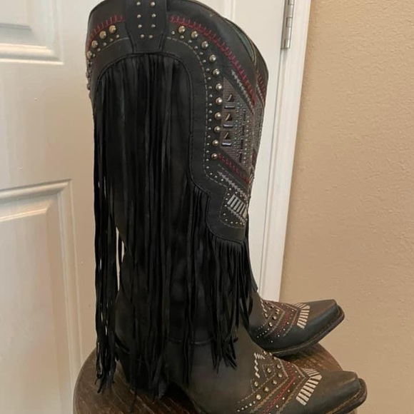 Corral Black Fringe Boots 8.5 - Picture 2 of 2